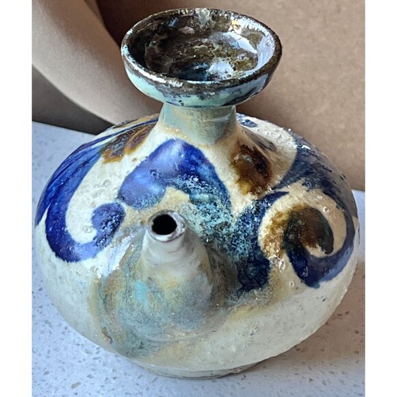 Saki Ceramic Pitcher Blue & Brown Swirl Design Hand Thrown Oil Vinegar Gift VTG - Picture 4 of 9